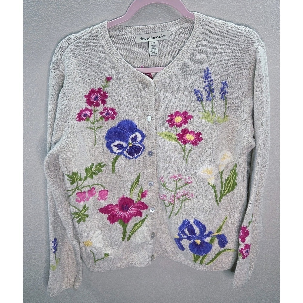 David Brooks Floral‎ Embroidered Cardigan Linen Blend L Button Front Cottagecore